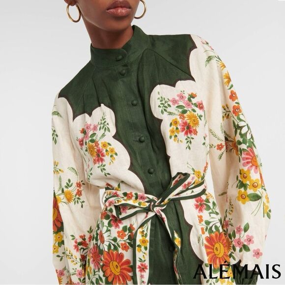 ALÉMAIS *NWT* Elisabetta Belted Forest Green/Cream Floral Linen Midi Shirt Dress - Picture 12 of 15